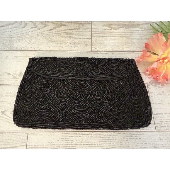 Hato Hasi Black Beaded Vintage Japan Satin Lined Clutch Evening Formal Purse EUC